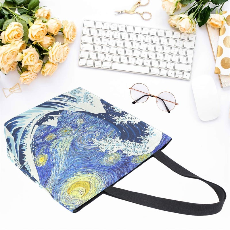Naanle Starry Sky Canvas Tote Bag Large Women Casual Shoulder Bag Handbag, Japanese Sea Wave Reusable Multipurpose Heavy Duty Shopping Grocery Cotton Bag for Outdoors. - Image 4